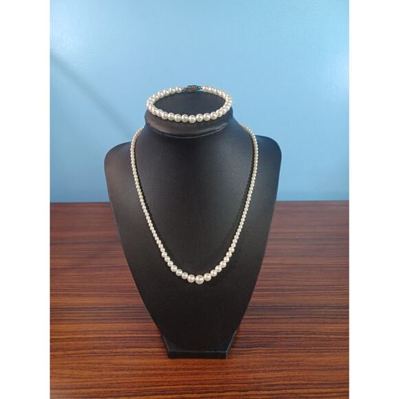 Japan Jewelry - Vintage Faux Pearl Necklace & Bracelet Marked Japan Box Clasp